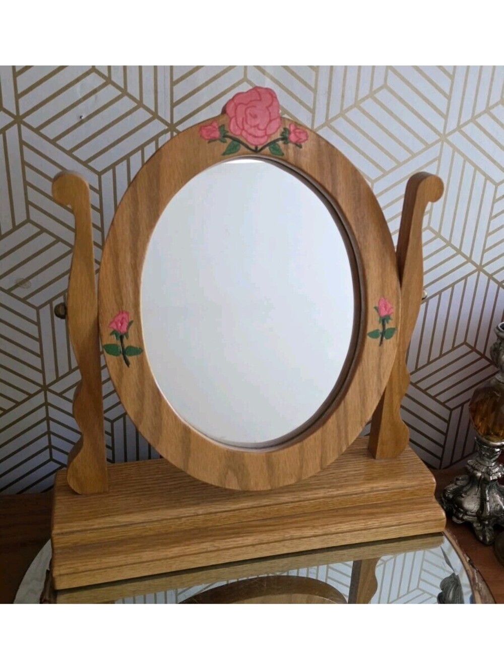 Vintage Honey Oak Solid Wood Vanity Dressertop Tilt Mirror Cottage Granny Core